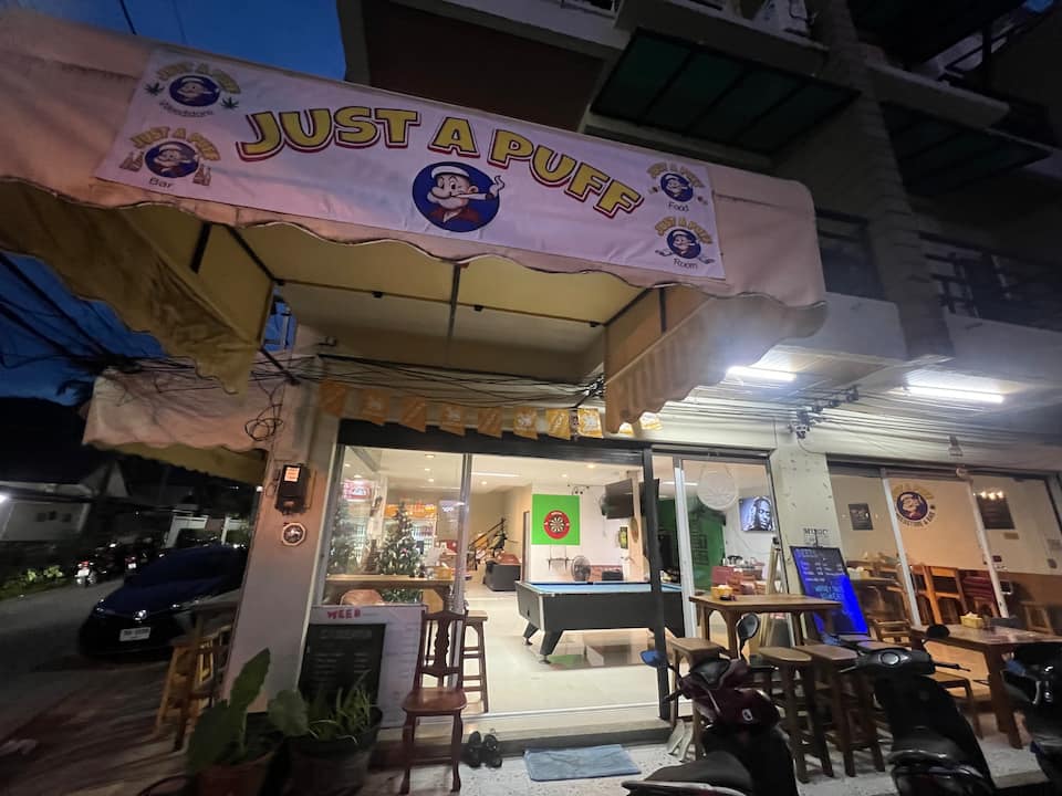 Just A Puff storefront on Soi Samakee 4 in the evening